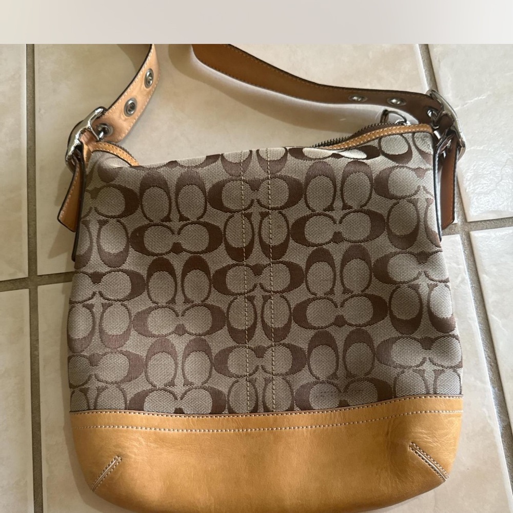 Coach Signature Brown and Tan Shoulder Bag with Leather Trim